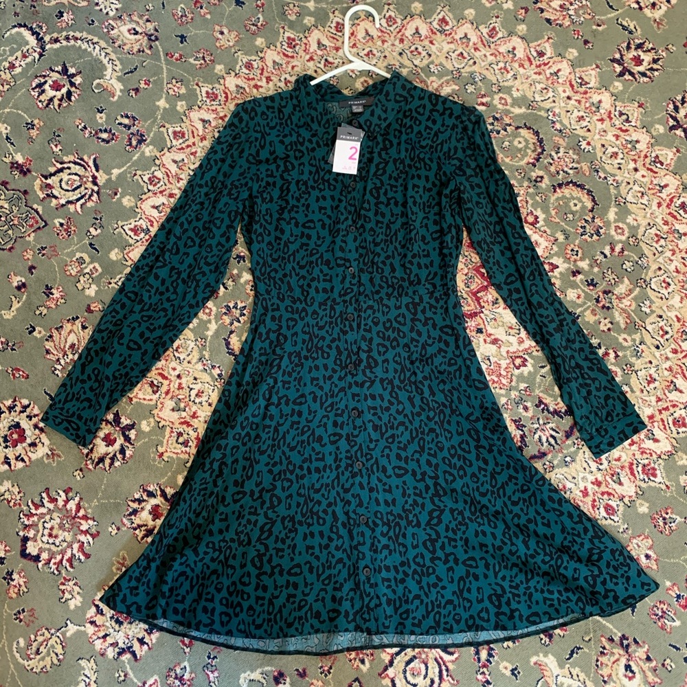 Primark green leopard collared button dress size 2